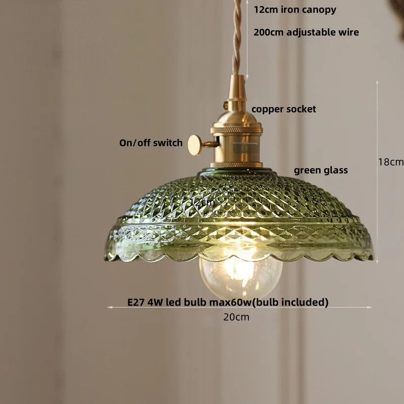 DecorBites™ Green Glass LED Pendant Lamp | Modern Nordic Wood Walnut | Brass Knob Switch | Hanging Light