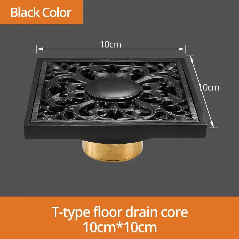 DecorBites™ Black Brass Shower Drain Strainer Floor Cover Square Art Carved Grate Basins SY-073R
