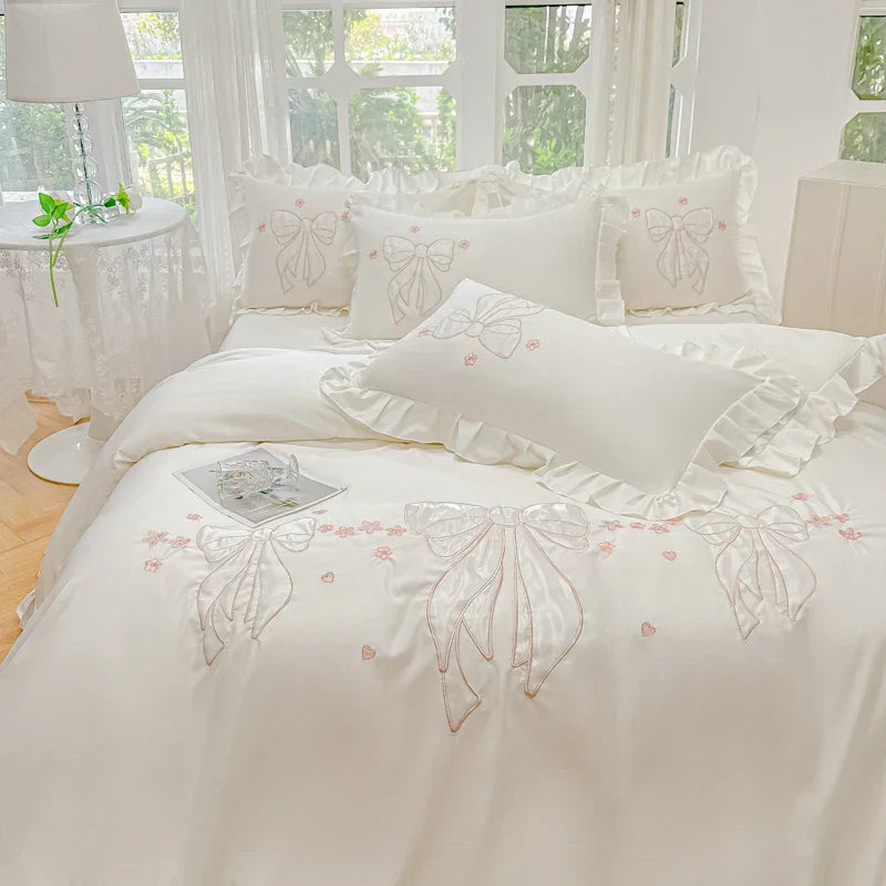 Decobites Ice Silk Embroidered Ruffles Duvet Set with Cool & Skin-Friendly Feel