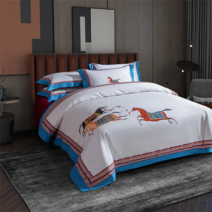 Decobites Galloping Horse 1000TC Egyptian Cotton Bedding Set: Duvet, Sheet, Pillowcases - Soft & Comfy