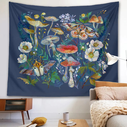 Decobites Mushroom Moth Garden Tapestry: Boho Psychedelic Wall Hanging for Botanical Bedroom Decor