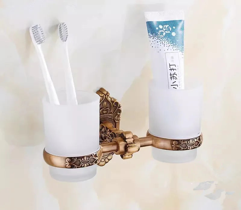 DecorBites™ Bronze Carved Bath Accessories Set: Shelf, Towel Rack, Paper Holder, Toilet Brush Holder