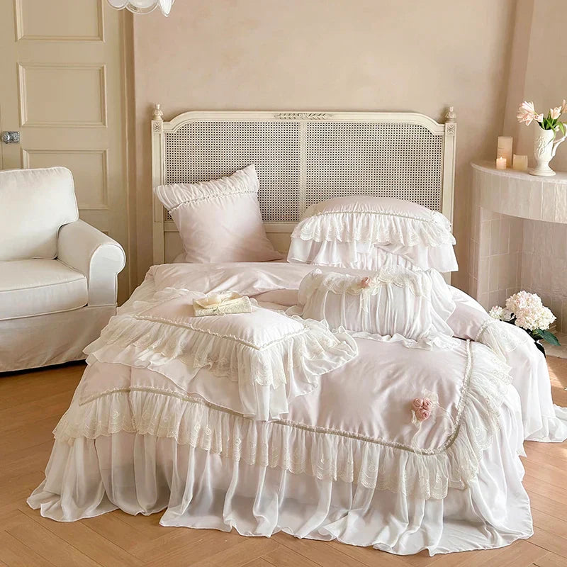 Decobites Luxe Pink Lace Ruffles Wedding Bedding Set 4Pcs