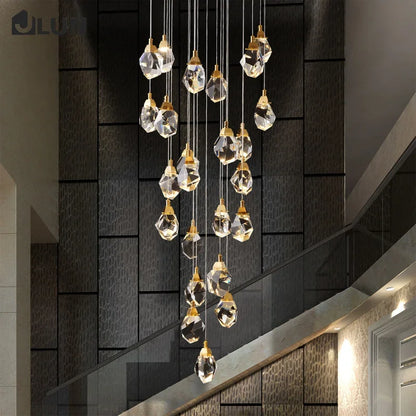 DecorBites™ Diamond Crystal Chandelier Staircase LED Golden Chandeliers Lighting for Luxurious Home Décor