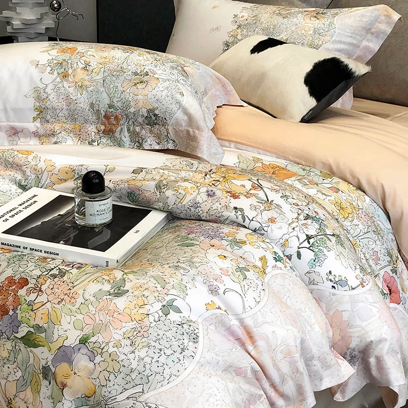 Decobites Flowers Plant Print Bedding Set: Luxe Lyocell Cotton Soft Silky Cool Duvet Cover Set