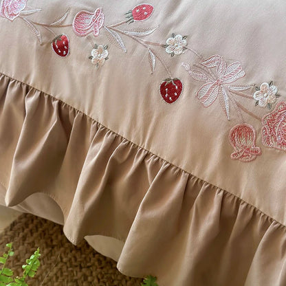 Decobites Korean Princess Style Embroidered Bedding Set with Pleated Ruffles in Egyptian Cotton