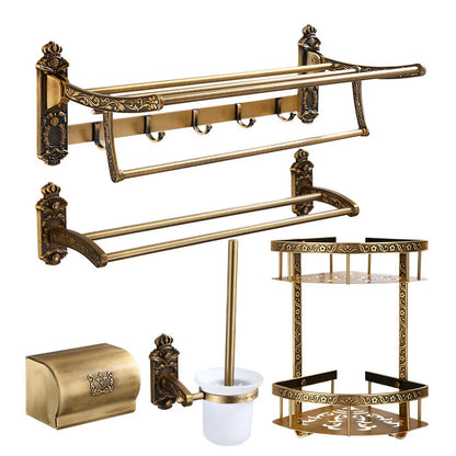 DecorBites™ Bronze Carved Bath Accessories Set: Shelf, Towel Rack, Paper Holder, Toilet Brush Holder