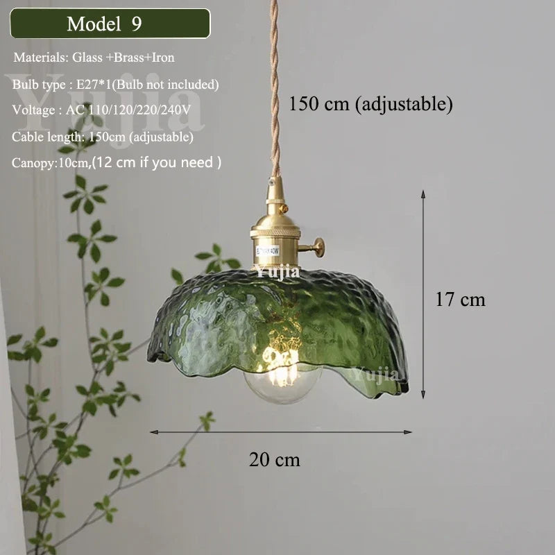 Nordic Green Glass Pendant Light With Brass Accents