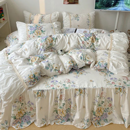 Decobites Korean Princess Flowers Bedding Set - Duvet Cover, Bed Skirt, Pillowcases