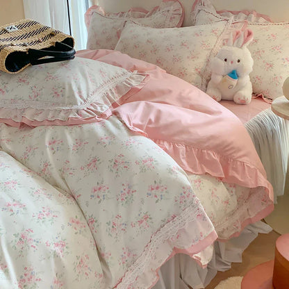 DecorBites™ Lace Ruffles Cotton Floral Duvet Set with Pillowcase, Princess Bedding