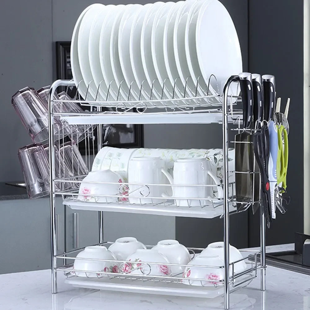 DecorBites™ 3-Tier Kitchen Drying Rack & Dish Organizer Shelf with Drain Board