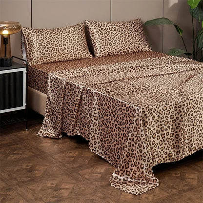 Luxury Satin Leopard Print Bed Sheet Set by Decobites - Queen/King Size