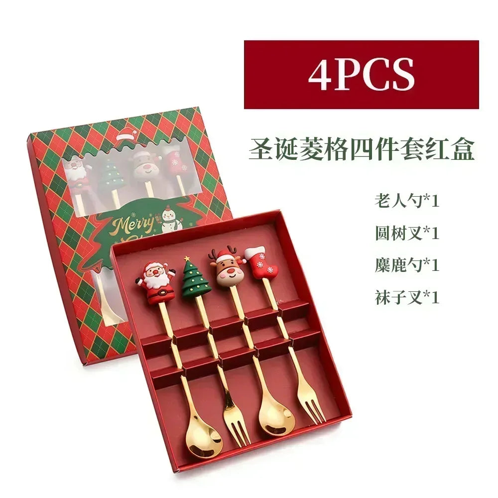 4pcs Christmas Elk Head Shape Stainless Coffee Spoon New Year 2024 Christmas Decoration Table Decor for Home Navidad 2023 Gifts