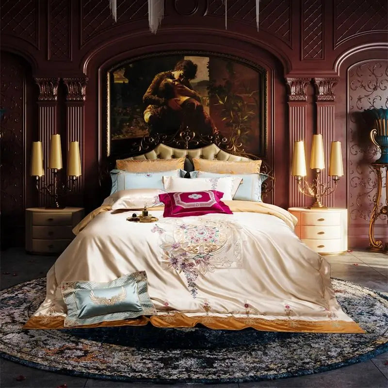 Luxurious Palace Flowers Embroidery Champagne Gold Brocade Bedding Set by Decobites