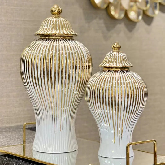 DecorBites™ Gold Striped Ceramic Jar Vase Hand-made Porcelain Home Decor Storage