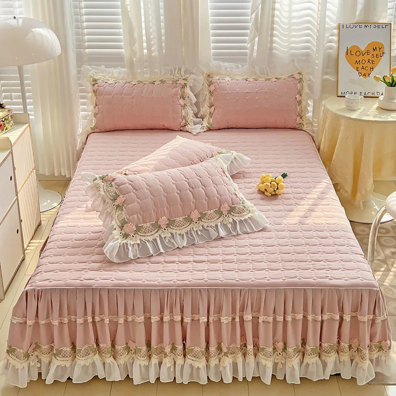 Decobites Korean Princess Bedding Set: Flowers, Lace, Ruffles, Embroidery, Quilted, Duvet Cover, Bedspread