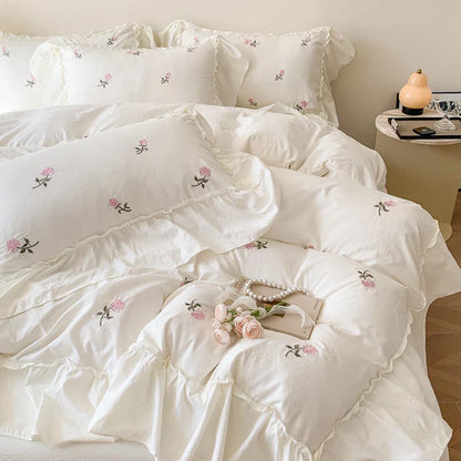 Decobites Rose Flowers Ruffle Lace Bedding Set, Washed Cotton Duvet Cover, Skin Friendly