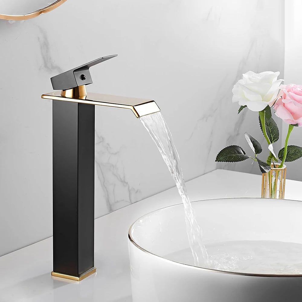 Gold and Black Waterfall Brass Bathroom Basin Faucet Mixer Tap with Hot and Cold Function for Sink