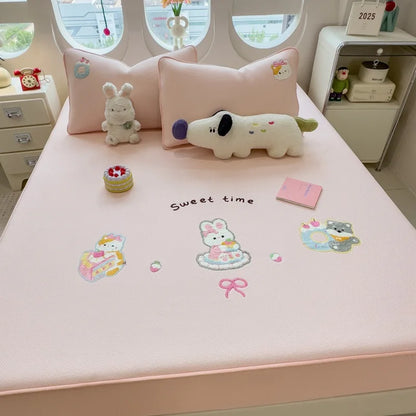 DecorBites™ Cartoon Embroidered Fitted Sheet for Single Bed - All-Season Comfort