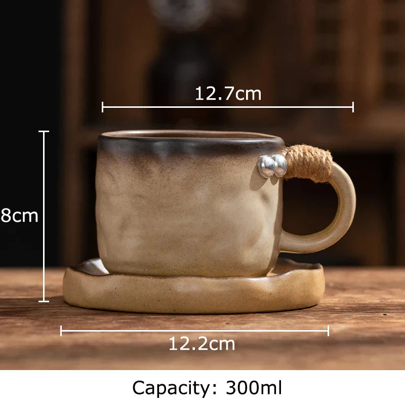 DecorBites™ Coarse Pottery Cup & Saucer Set - Classical Mugs for Dining Table or Coffee