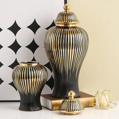 DecorBites™ Black Ceramic Checkmate Ginger Jar Vase with Gold Rim