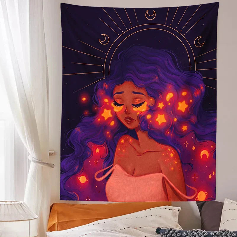 Decobites Moonlit Girl Tapestry: Luminous Sky Boho Wall Decor