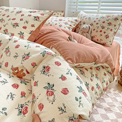 طقم لحاف قطني مطبوع عليه زهور من DecorBites™: خيط مزدوج الطبقات قابل للتهوية، أغطية سرير ناعمة للبنات