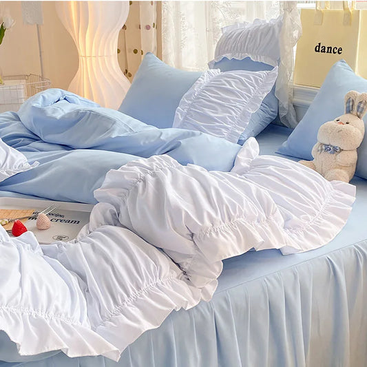 DecorBites™ Lace Trim Bedding Set Queen/King Size Comforter Sets Solid Color Bed Skirt