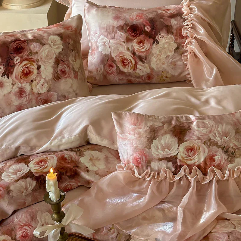 Decobites Vintage Rose Organza Lace Ruffles Bedding Set with Soft Lyocell Cotton Duvet Cover