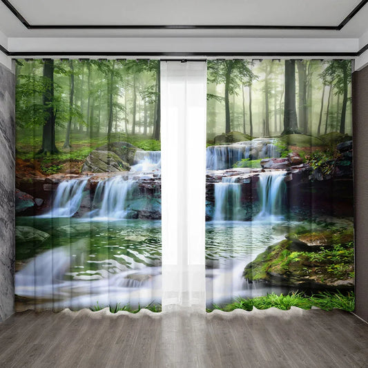 Decobites Waterfall Beach Scenery Printed Curtains for Kitchen, Coffee Shop & Living Room