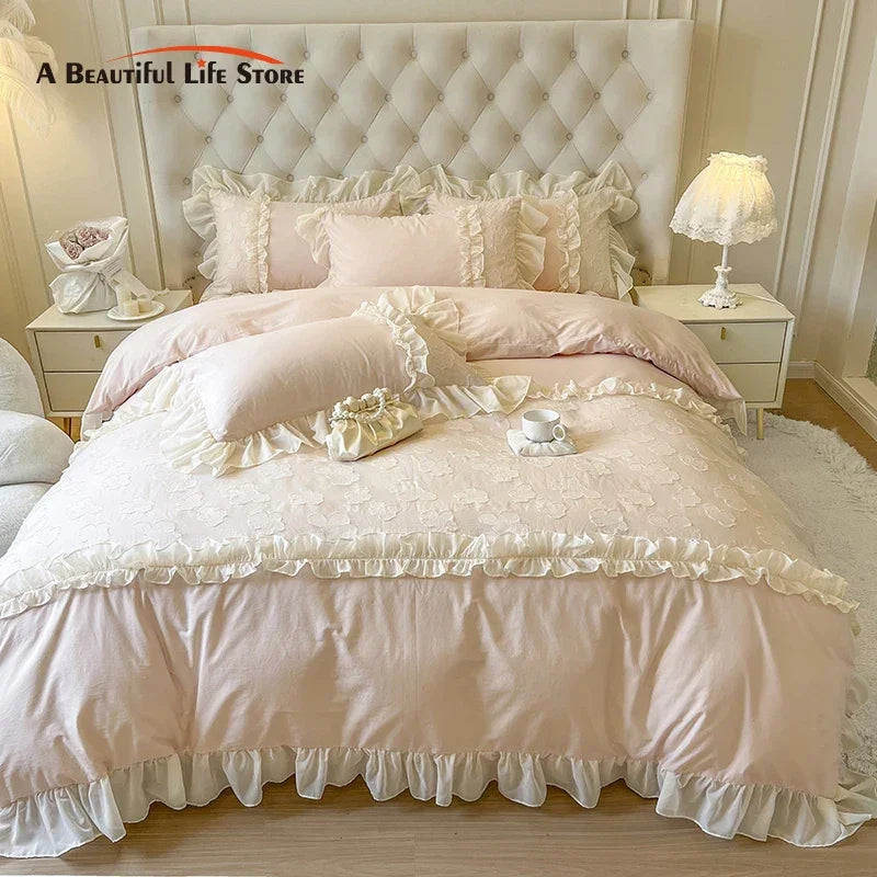 Decobites Princess Flowers Lace Ruffles Bedding Set: 100% Cotton Duvet Cover, Fitted Sheet, Bed Sheet, Pillowcases