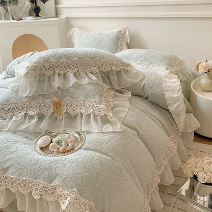 Decobites French Lace Ruffles Velvet Bedding Set, Furry Duvet, Sheet, Pillowcases