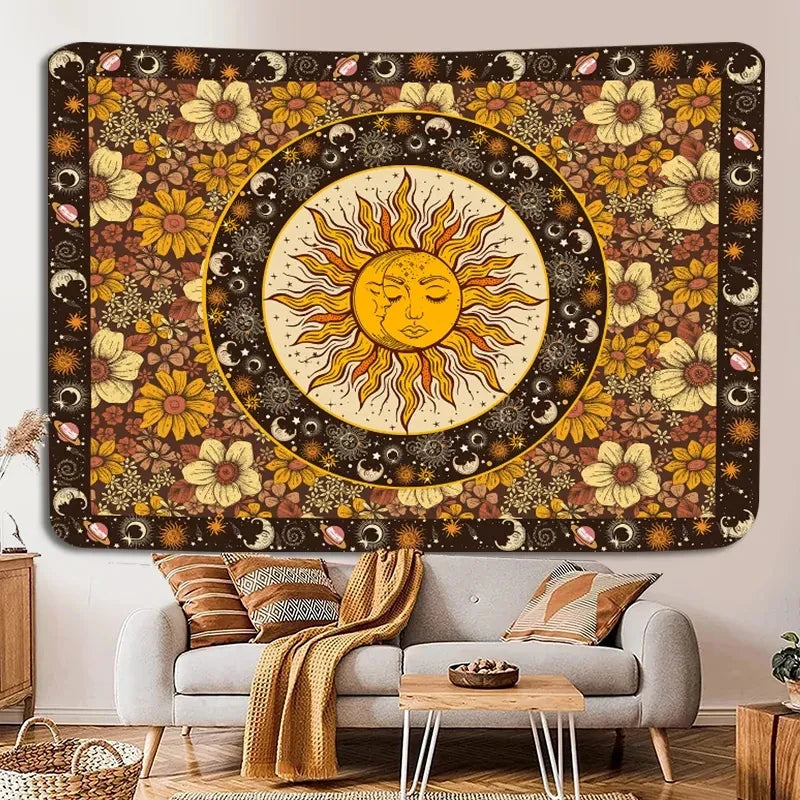 Decobites Sun Moon Vintage Boho Wall Tapestry Sunflowers Constellation Aesthetic