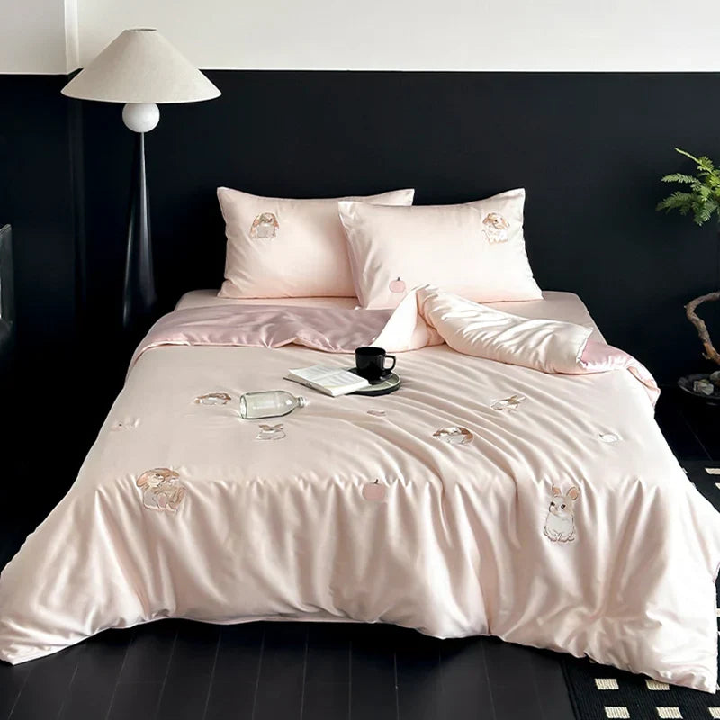 DecorBites™ Cartoon Embroidered Ice Silk Bedding Set with Lyocell Fiber – Queen/King Size