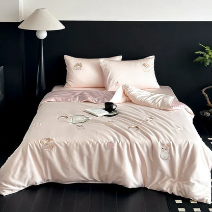 DecorBites™ Cartoon Embroidered Ice Silk Bedding Set with Lyocell Fiber – Queen/King Size