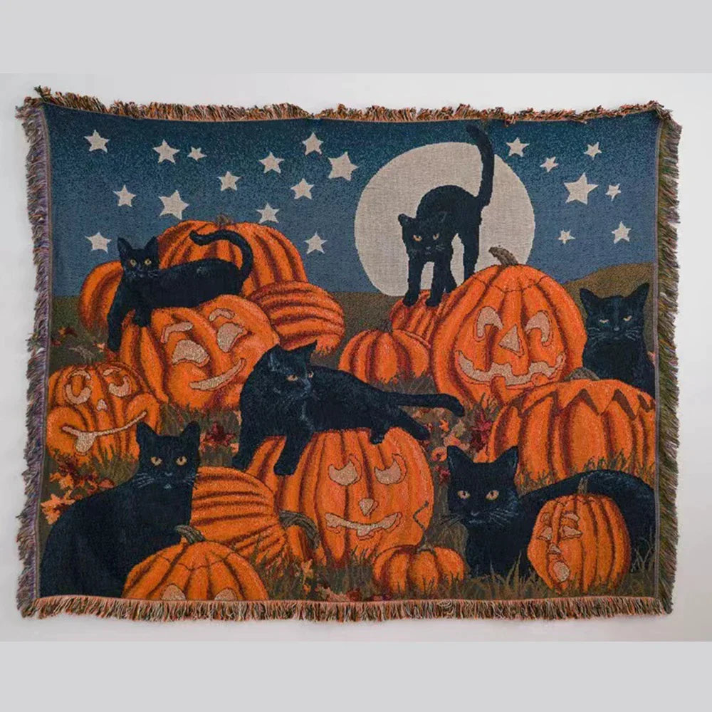 DecorBites™ Halloween Black Cat Knitted Blanket - Cozy Sofa Throw for Autumn/Winter