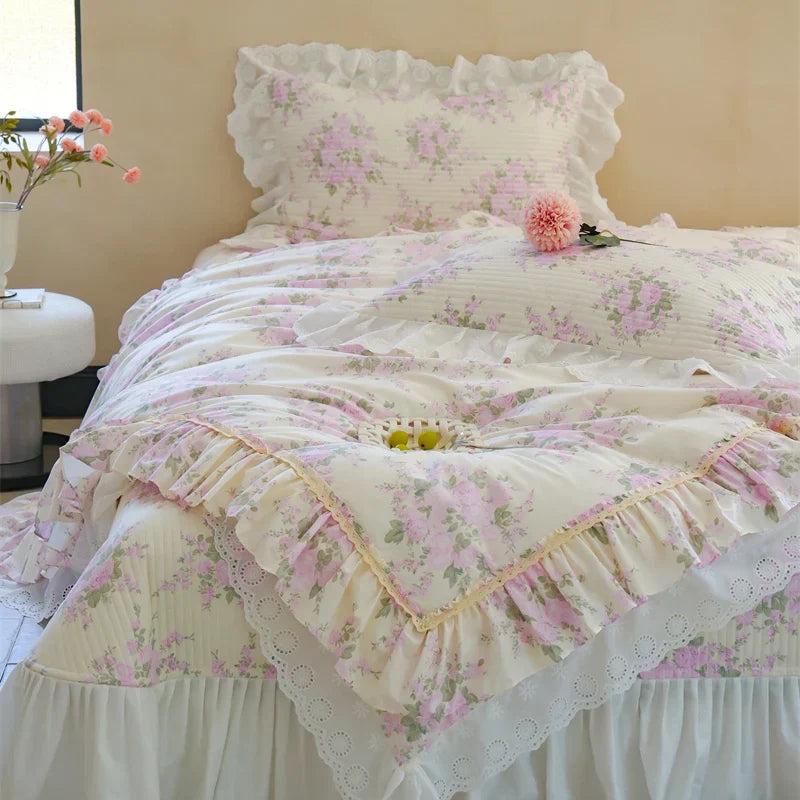 Decobites Pure Cotton Floral Quilted Bedding Set with Lace Ruffles