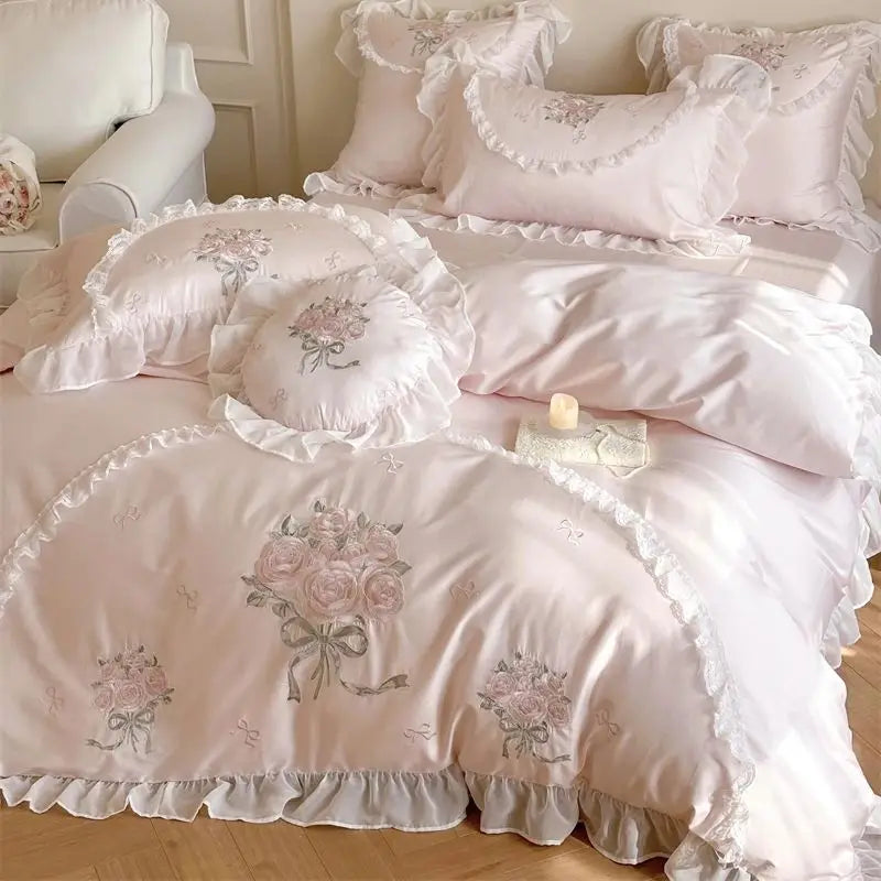 Decobites Pink Rose Embroidered Lace Ruffles Bedding Set for Girls