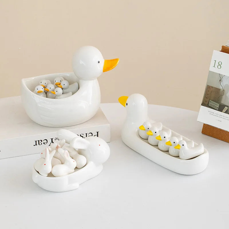 DecorBites™ Duck Chopstick Holder Tray White Rabbit Porcelain Plate Home Decor