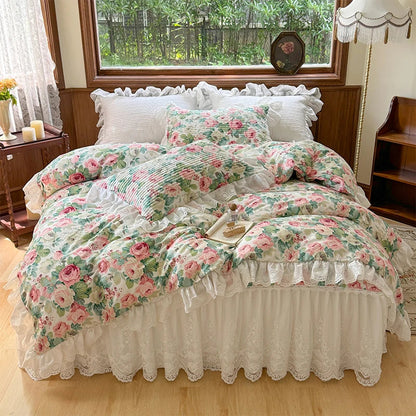 Decobites Floral Print Cotton Princess Bedding Set with Vintage Lace Details