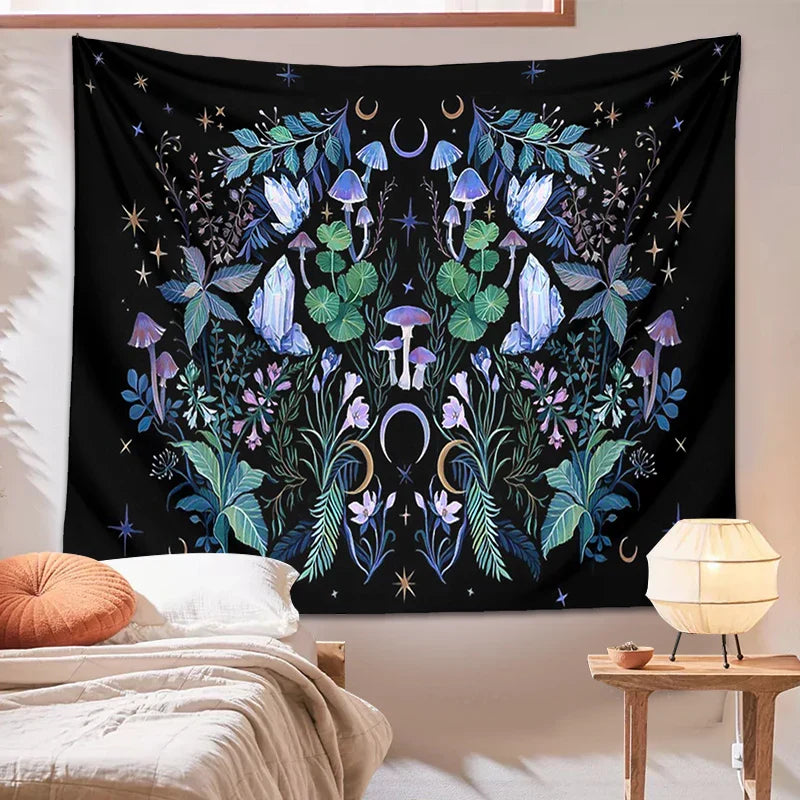 Decobites Moon Moth Mushroom Forest Mandala Tapestry Botanical Bedroom Decor