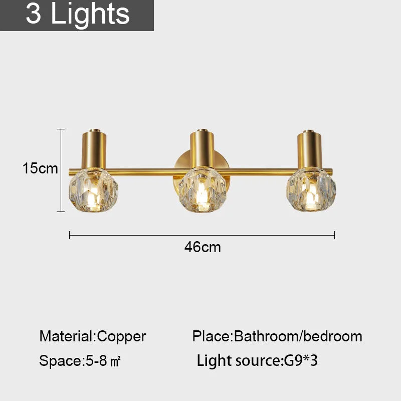 Gold Crystal Wall Lamp Copper 3-Light