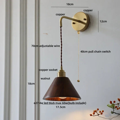 DecorBites™ Ash Wood LED Wall Lamp with Pull Chain Switch for Home Decor