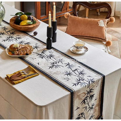 DecorBites™ Bamboo Leaf Swallow Print Table Runner for Chinoiserie Chic Farmhouse Decor