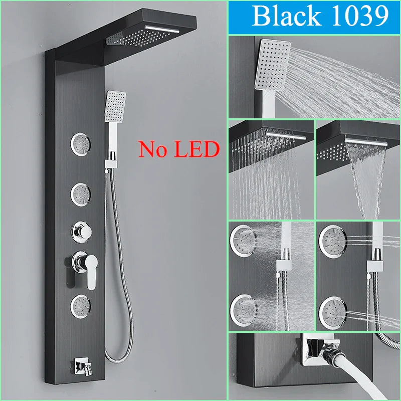 Panel de grifo de ducha DecorBites™ negro con LED, sistema de lluvia tipo cascada y caño de hidromasaje.