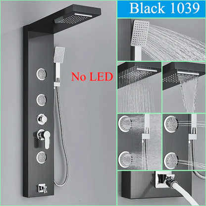 Panel de grifo de ducha DecorBites™ negro con LED, sistema de lluvia tipo cascada y caño de hidromasaje.