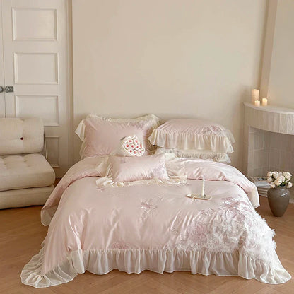 Decobites Luxury Princess Wedding Bedding Set with Flowers Embroidery & Lace Ruffles