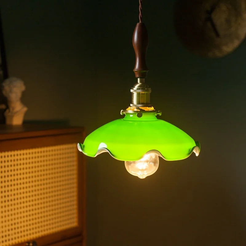Green Glass Pendant Lamp Copper Base LED Included