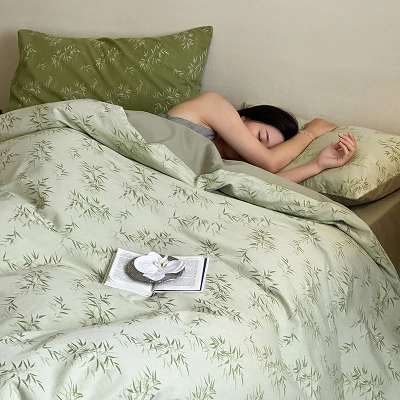 DecorBites™ Bamboo Leaf Jacquard Bedding Set: Soft & Comfortable Quilt Set, 100% Cotton, Green, Adult & Kids.