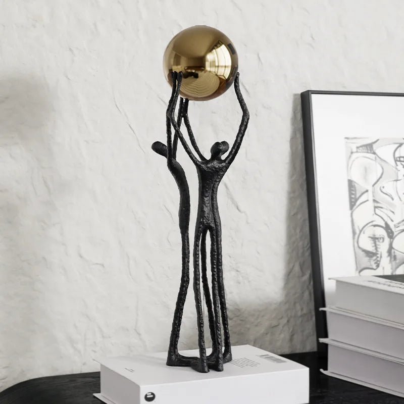 DecorBites™ Human Figure Sculpture Golden Ball Holder Metal Figurine Home Decor